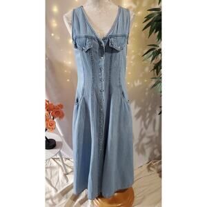 Denim Republic Vtg 90s V-Neck Pearl Snap Jean Maxi Dress Sz M Pockets Sleeveless